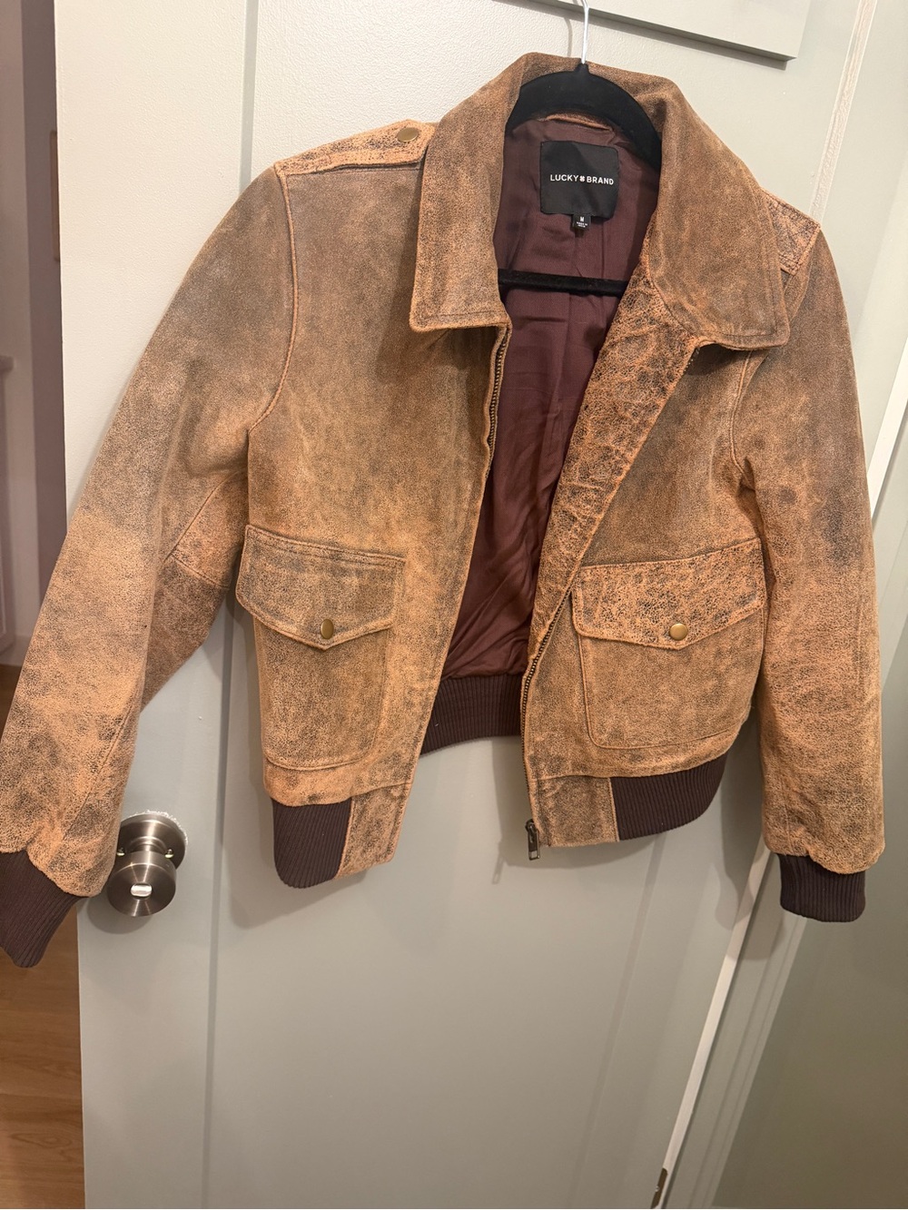 Lucky Brand Distressed Tan/Brown Leather Bomber Jacket